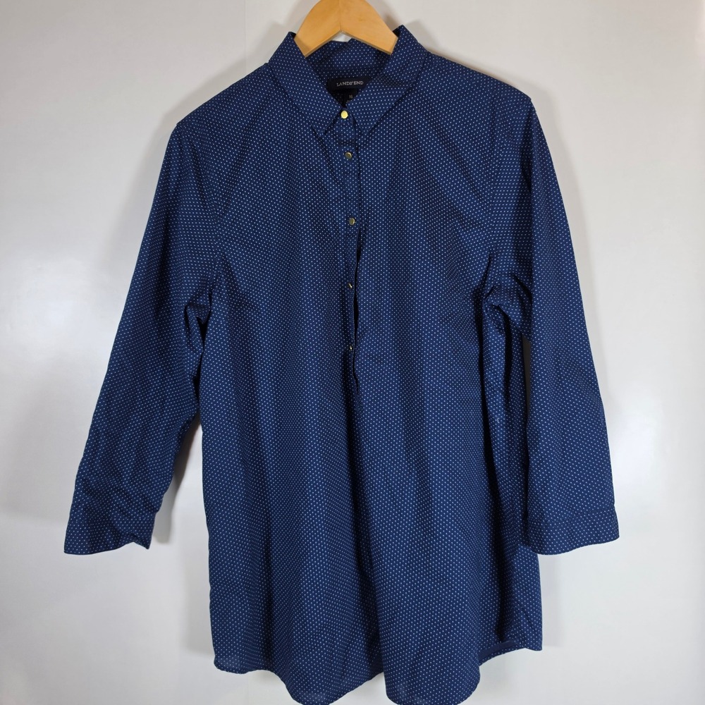 Lands End Womens Navy Blue Polka Dot Button Down Shirt Size 16 Gold Buttons